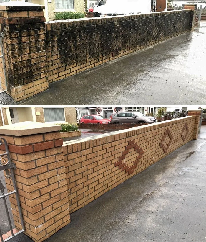 Before and after comparison showing a blackened brick wall restored to its original color