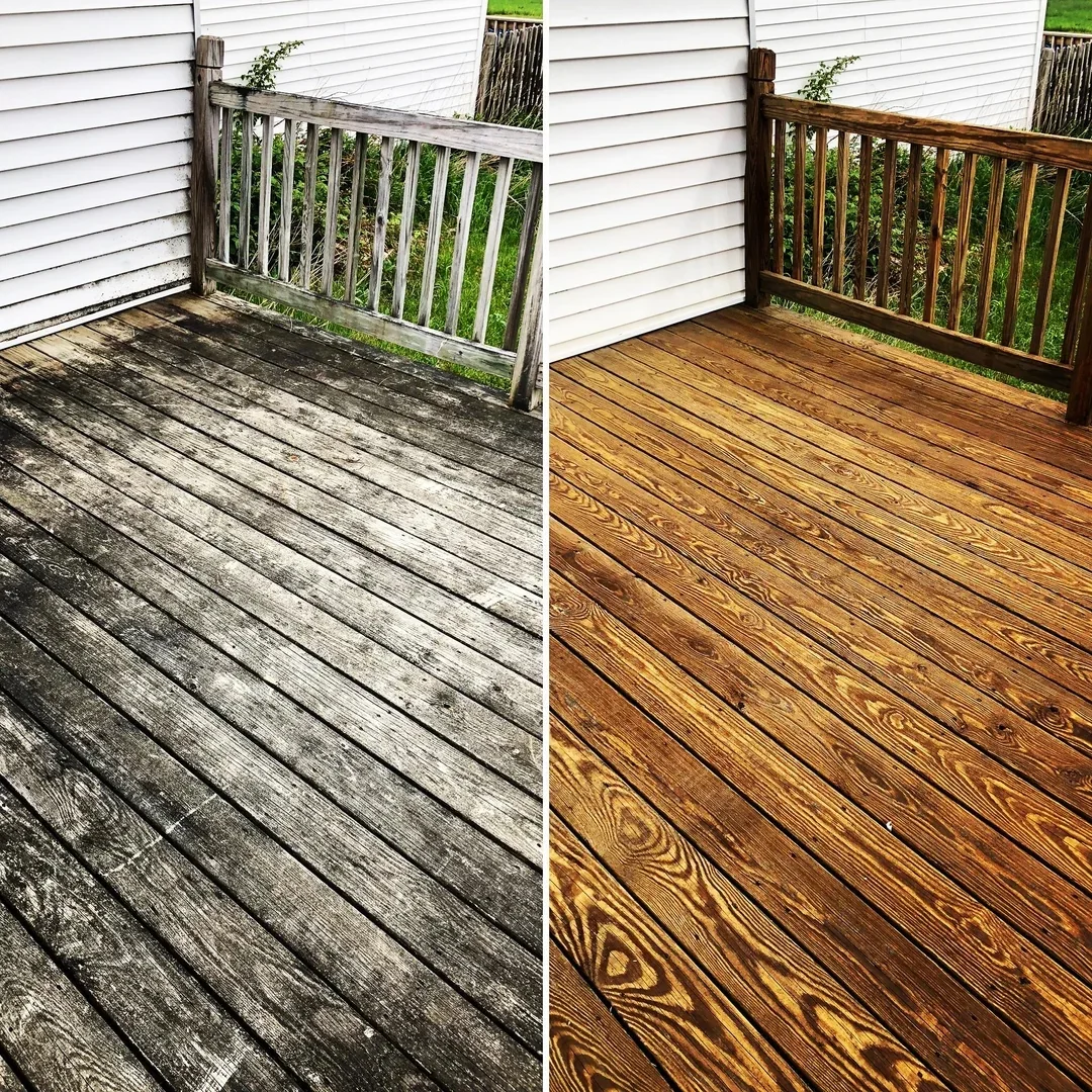 Before and after comparison showing a heavily weathered wood deck restored to a rich clean finish