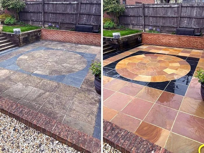 Before and after comparison showing a weathered stone patio restored to vibrant color