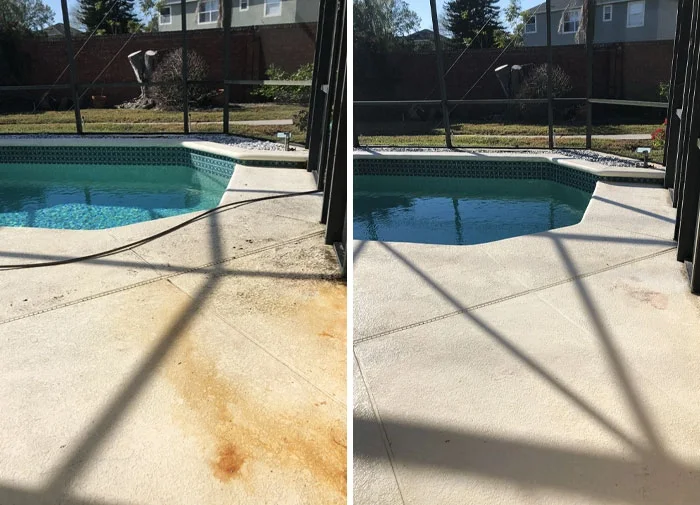 Before and after comparison showing rust and surface stains removed from a concrete pool deck