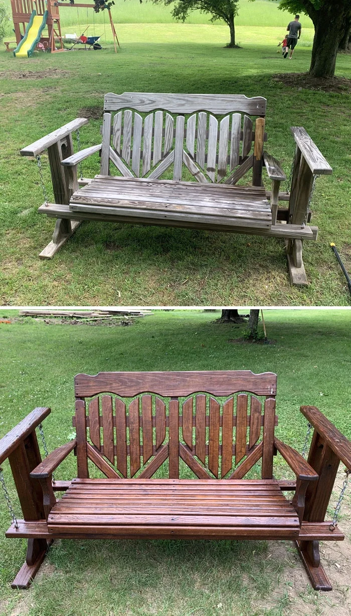 Before and after comparison showing a weathered wooden outdoor bench restored to a rich finish